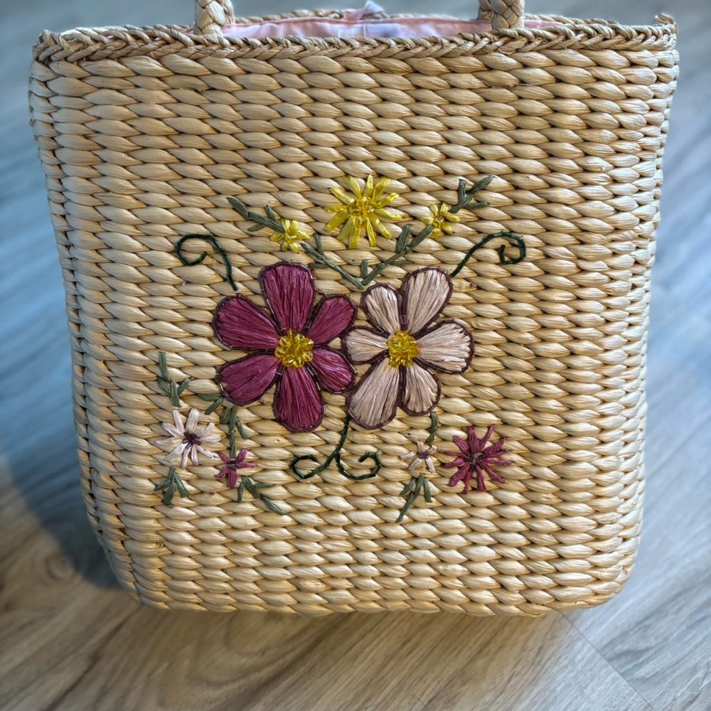 Embroidered Floral Woven Tote Bag - Tan